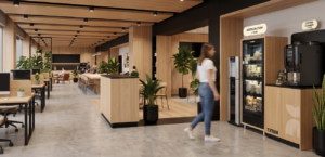 Espace de pause et de restauration en entreprise, collaborateurs qui profitent d'une expérience collaborateur cohérente en Île-de-France